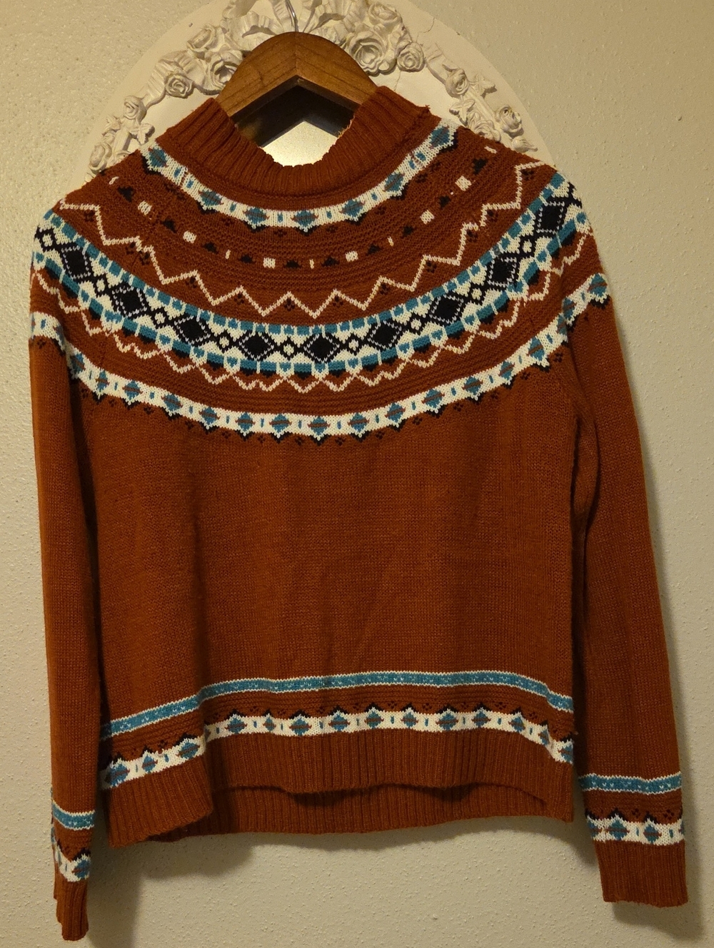 Rust Patterned Fair Isle Turtleneck Sweater